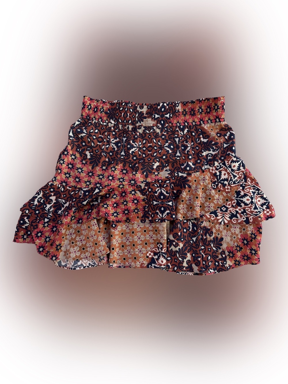 CAbi Multi-Pattern Tiered Mini Skirt in Brown, Coral, Navy